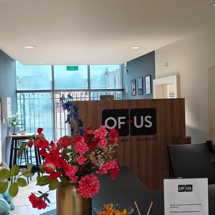 Geschilderde accentwand en houtwerk in ontvangsthal OF-US Enschede