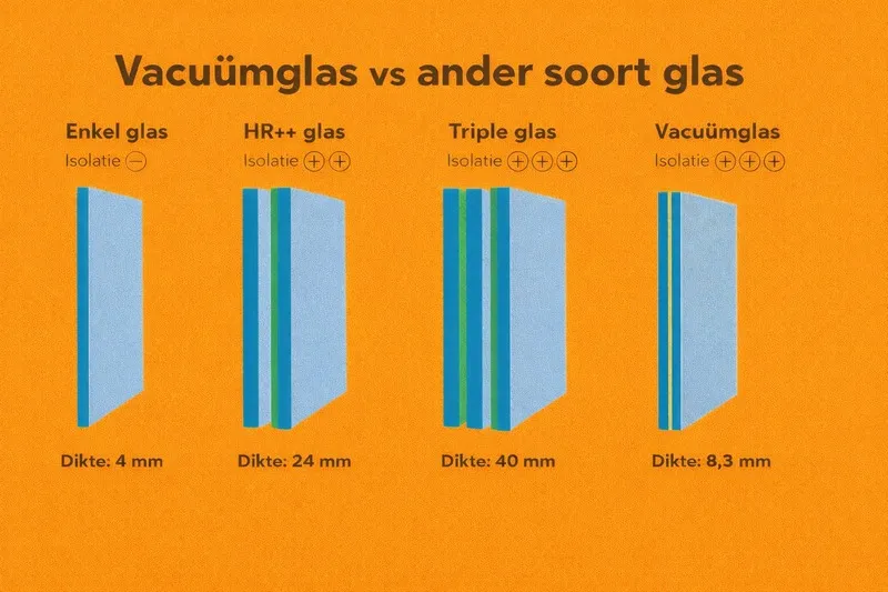 Schematische weergave van de opbouw van vacuümglas met twee glasplaten, een ultradunne vacuümruimte en afstandhouders voor hoge isolatie.