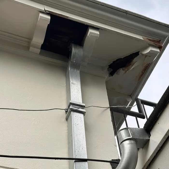 Ernstige houtrot aan overstek en kroonlijst van villa Haaksbergerstraat Enschede, aangetroffen bij inspectie vóór houtreparatie door Schildersbedrijf Bonke & Zn.